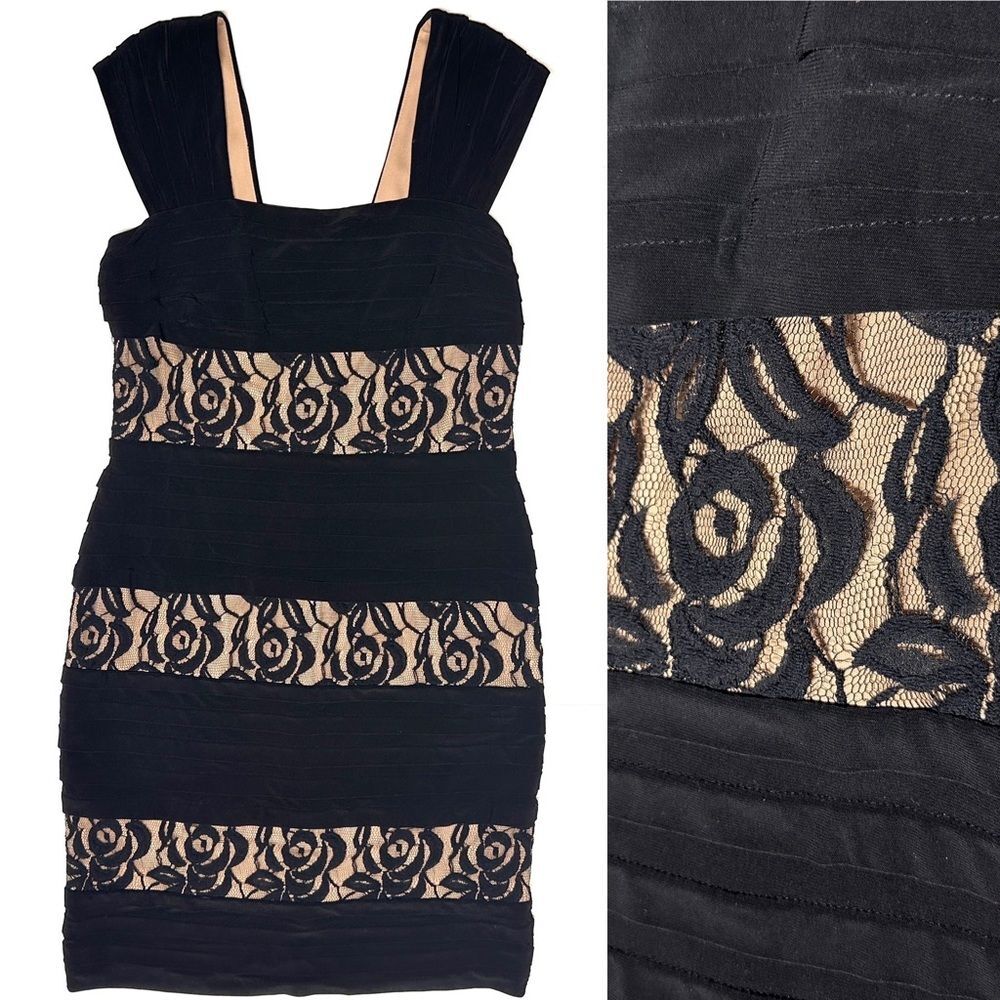 Adrianna Papell Nude Black Illusion Lace Cocktail Formal Bodycon Dress Size 12